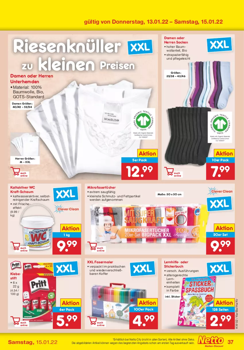 Aktueller Prospekt Netto Marken-Discount - Filial Angebote - von 10.01 bis 15.01.2022 - strona 37 - produkty: angebot, Bau, baumwolle, bio, buch, eis, erde, fasermaler, hemd, hemden, koffer, kraft, leine, mikrofaser, Mikrofasertücher, reis, Ria, socken, Stickerbuch, Ti, tisch, tücher, Unterhemd, unterhemden, wasser, wolle, ZTE