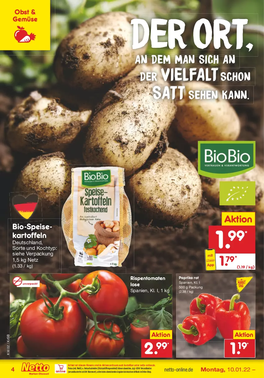 Aktueller Prospekt Netto Marken-Discount - Filial Angebote - von 10.01 bis 15.01.2022 - strona 4 - produkty: asti, bio, eis, kartoffel, kartoffeln, ndk, obst, paprika, paprika rot, reis, rispentomaten, speisekartoffeln, Ti, tomate, tomaten, versandkostenfrei