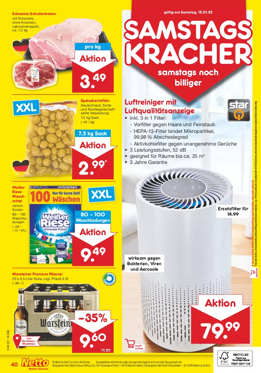 Aktueller Prospekt Netto Marken-Discount - Filial Angebote - von 10.01 bis 15.01.2022 - strona 40 - produkty: angebot, angebote, braten, discount, eis, Holz, kartoffel, kartoffeln, kracher, Luftreiniger, marken-discount, ndk, pils, pilsener, premium pils, reiniger, reis, sac, schwein, schweine, speisekartoffeln, steiner, Ti, uhr, versandkostenfrei, warsteiner, waschmittel, wein, weine, ZTE