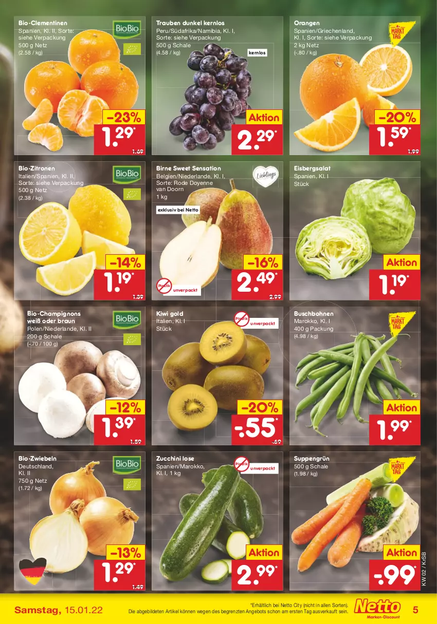 Aktueller Prospekt Netto Marken-Discount - Filial Angebote - von 10.01 bis 15.01.2022 - strona 5 - produkty: angebot, asti, bio, bio-zitronen, bohne, bohnen, braun, Buschbohnen, champignon, champignons, clementinen, eis, eisbergsalat, kiwi, Kiwi Gold, LG, orange, orangen, salat, Schal, Schale, suppe, suppen, Ti, trauben, zitrone, zitronen, ZTE, zucchini, zwiebel, zwiebeln