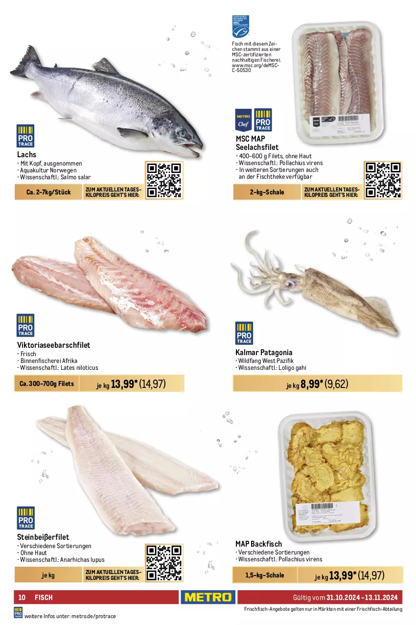 Aktueller Prospekt Metro - GastroJournal - von 31.10 bis 13.11.2024 - strona 10 - produkty: Abtei, angebot, angebote, aqua, backfisch, beutel, coupon, eis, elle, filet, filets, fisch, fische, Fischer, fischtheke, frischfisch, früchte, garnelen, lachs, lachsfilet, lack, meeresfrüchte, Metro, Muscheln, reis, Ria, ring, rwe, Schal, Schale, Schere, schnitten, seelachsfilet, Steinbeißer, Steinbeißerfilet, Ti, Tintenfischringe, Wild