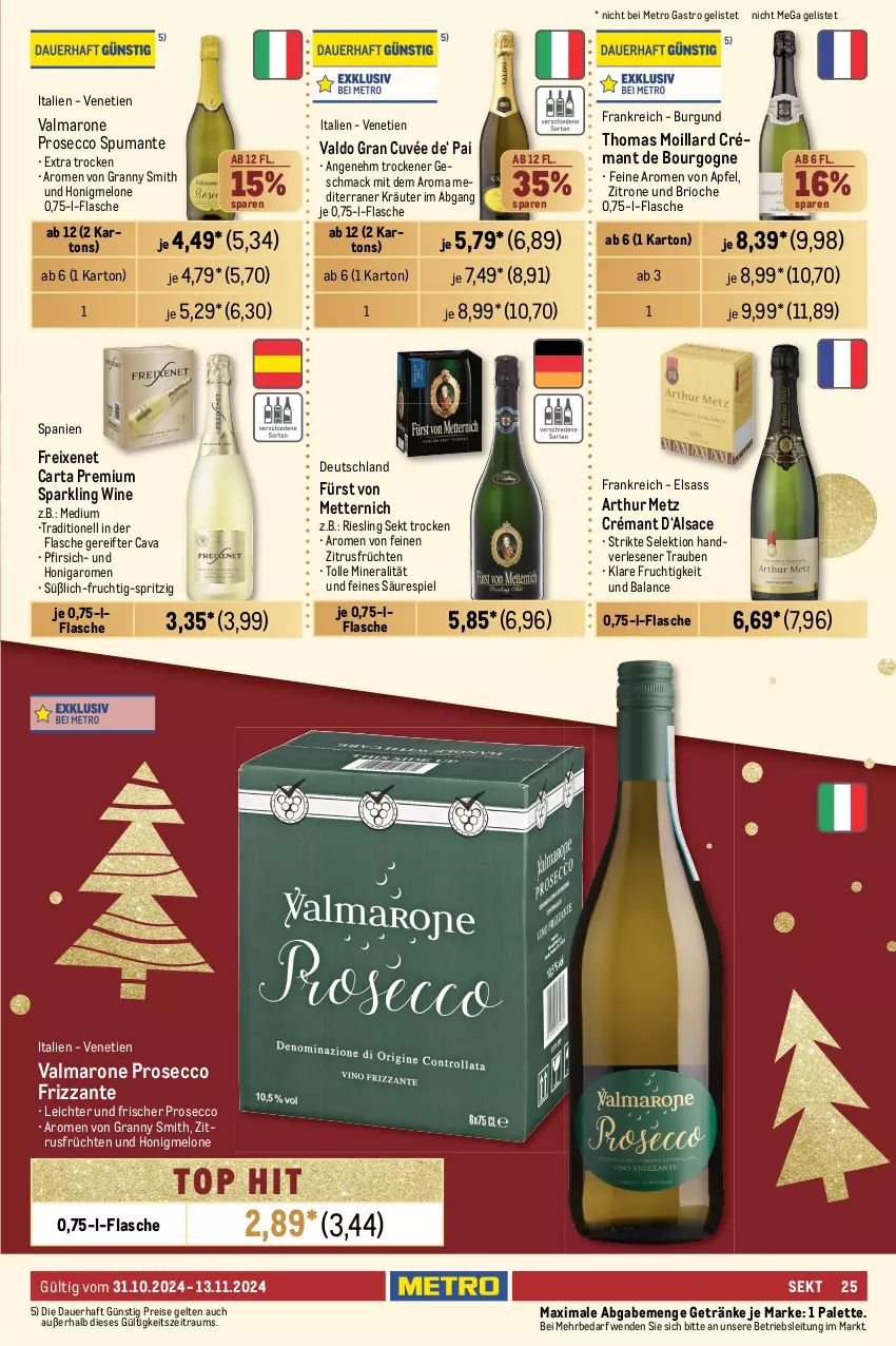 Aktueller Prospekt Metro - GastroJournal - von 31.10 bis 13.11.2024 - strona 25 - produkty: alkohol, apfel, auer, beere, beeren, Bourgogne, burgunder, cabernet, cabernet sauvignon, cassis, Cava, cuvée, ecco, eis, flasche, freixenet, frizzante, frucht, früchte, früchten, fürst von metternich, getränk, getränke, gewürz, Glühwein, grauer burgunder, honig, honigmelone, Käse, Kinder, kirsch, kirsche, kirschen, kräuter, LG, mac, melone, Metro, metro gastro, Mett, metternich, ohne alkohol, orange, orangen, Palette, pfirsich, pflaume, prosecco, puma, Rauch, reis, riesling, rotwein, sac, sauvignon, Schal, Schale, sekt, sim, spumante, Stachelbeeren, Ti, trauben, valdo, vanille, wein, zitrone, zitronen