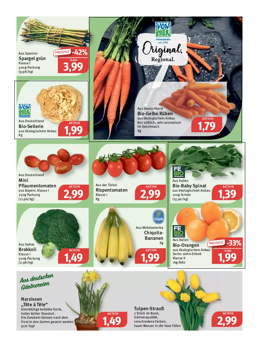 Aktueller Prospekt Feneberg - Prospekte - von 30.03 bis 01.04.2023 - strona 5 - produkty: banane, bananen, Bau, bio, brokkoli, chiquita, eis, elle, erde, Garten, mac, Narzissen, orange, orangen, pflaume, pflaumen, reis, rispentomaten, Schal, Schale, spargel, spargel grün, spinat, Ti, tisch, tomate, tomaten, topf, Vase, wasser, zwiebel, zwiebeln