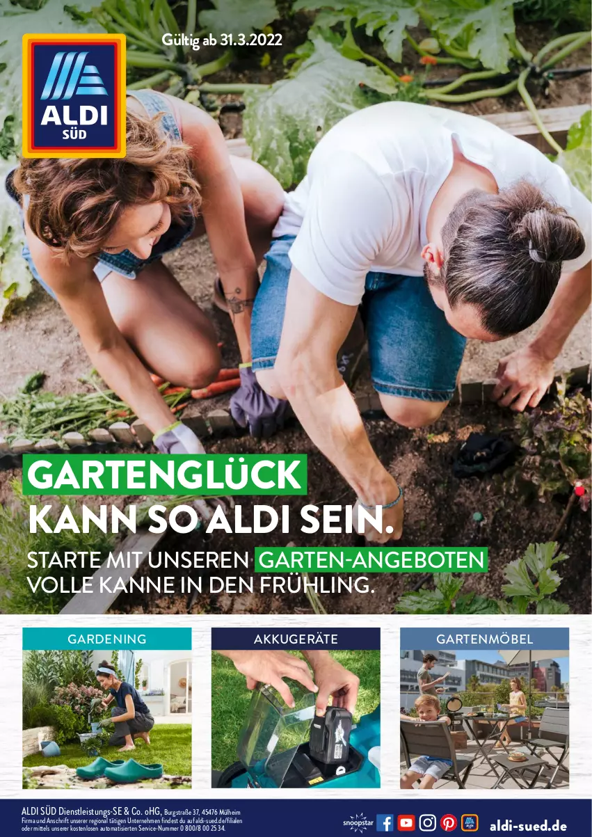 Aktueller Prospekt AldiSud - ALDI Garten - von 31.03 bis 30.04.2022 - strona 1 - produkty: akku, aldi, angebot, angebote, auto, eis, Garten, gartenmöbel, möbel, Ti