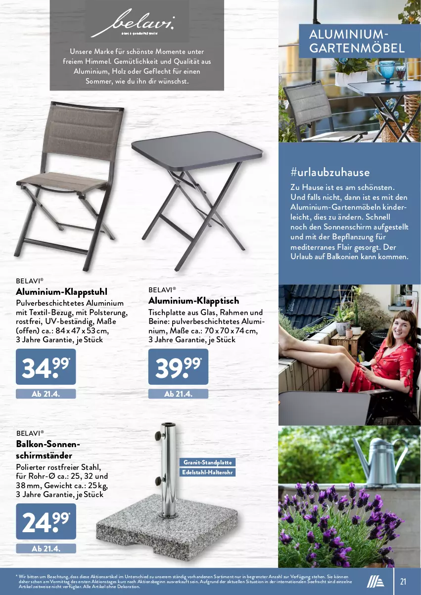 Aktueller Prospekt AldiSud - ALDI Garten - von 31.03 bis 30.04.2022 - strona 21 - produkty: alle artikel ohne dekoration, dekoration, edelstahl, eier, eis, elle, ente, Garten, gartenmöbel, gin, Holz, HP, Kinder, klappstuhl, klapptisch, latte, möbel, schirmständer, sonnenschirm, stuhl, Ti, tisch, tischplatte, ZTE