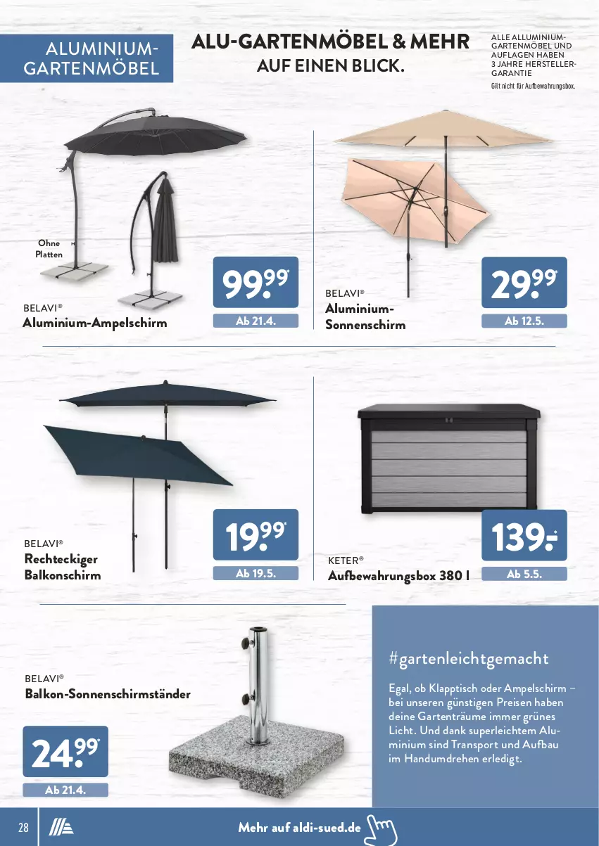 Aktueller Prospekt AldiSud - ALDI Garten - von 31.03 bis 30.04.2022 - strona 28 - produkty: aldi, ampelschirm, aufbewahrungsbox, Bau, eis, elle, Garten, gartenmöbel, klapptisch, latte, mac, möbel, reis, schirmständer, sonnenschirm, Sport, teller, Ti, tisch