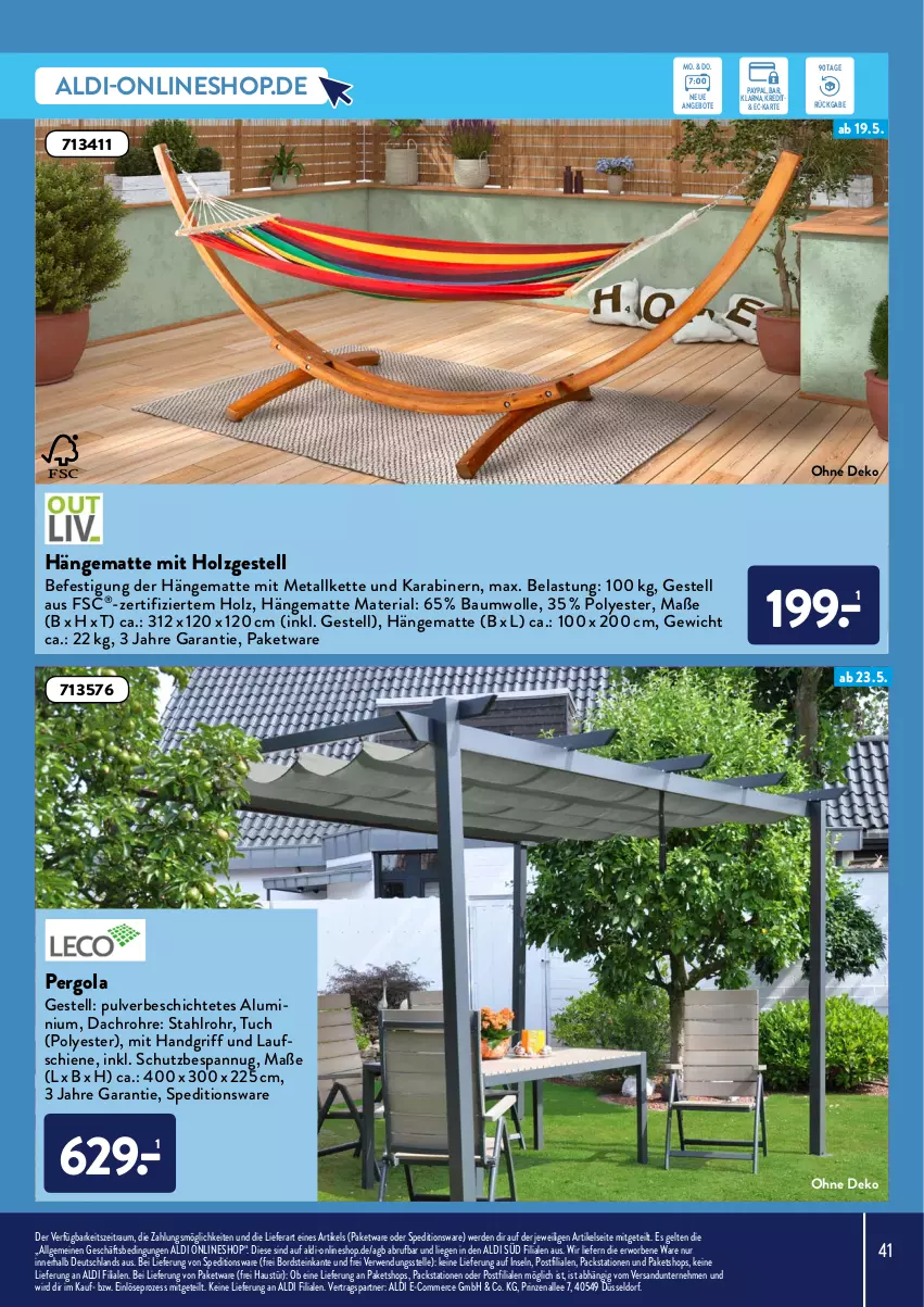 Aktueller Prospekt AldiSud - ALDI Garten - von 31.03 bis 30.04.2022 - strona 41 - produkty: aldi, angebot, angebote, aust, Bau, baumwolle, elle, erde, hängematte, Holz, Kette, LG, Liege, Ria, rwe, Ti, tuc, wolle