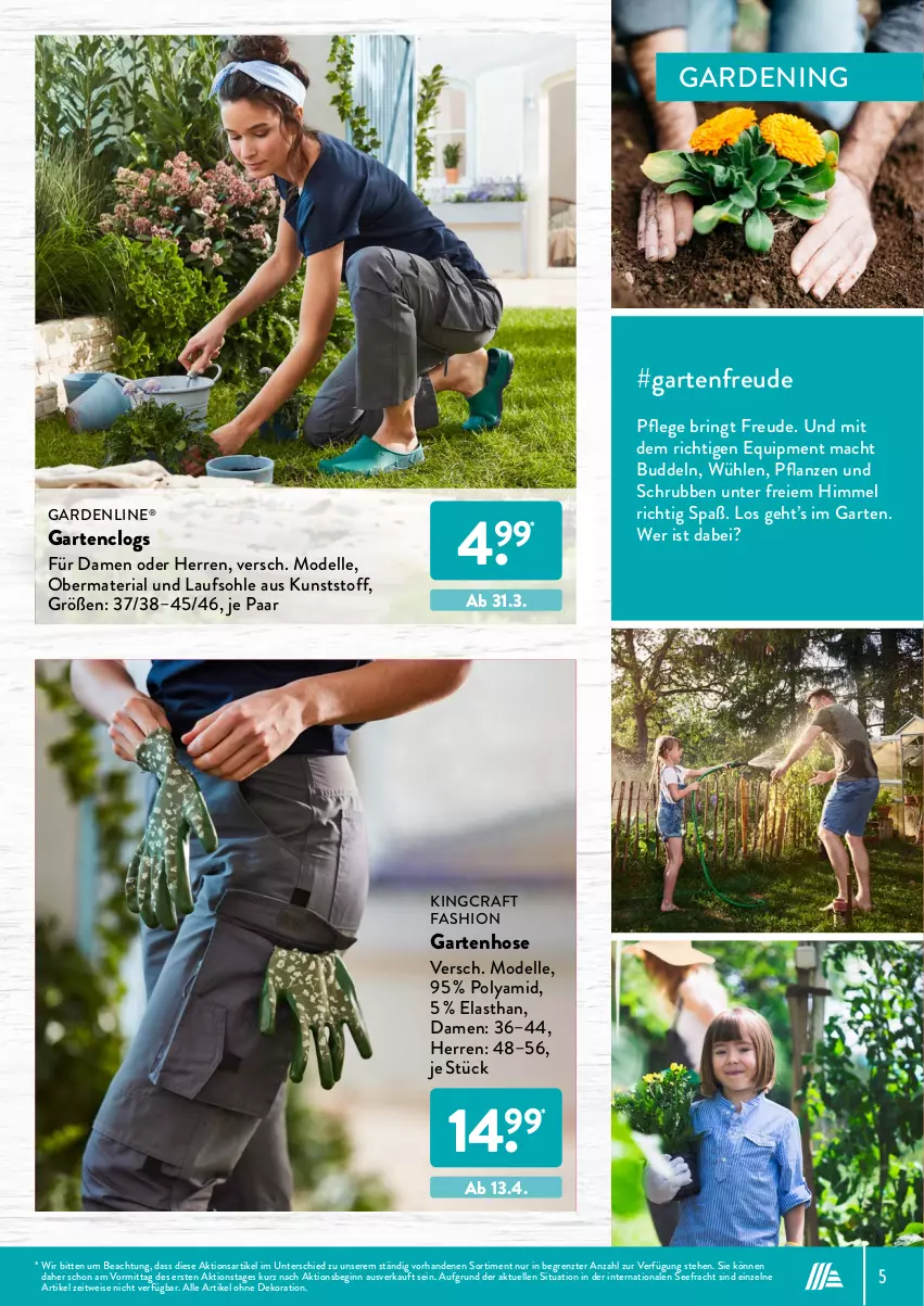 Aktueller Prospekt AldiSud - ALDI Garten - von 31.03 bis 30.04.2022 - strona 5 - produkty: alle artikel ohne dekoration, Clogs, dekoration, dell, eis, elle, gardenline®, Garten, gin, hose, mac, Mode, pflanze, pflanzen, Ria, ring, Ti, ZTE