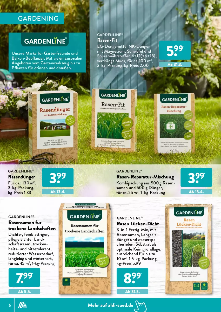 Aktueller Prospekt AldiSud - ALDI Garten - von 31.03 bis 30.04.2022 - strona 6 - produkty: aldi, angebot, angebote, dünger, eis, gardenline®, Garten, magnesium, pflanze, pflanzen, rasen, rasendünger, rasensamen, reis, Ti, wasser, werkzeug