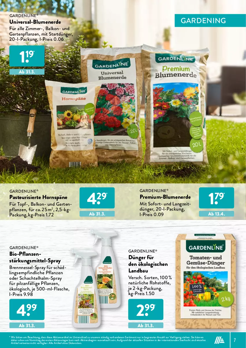 Aktueller Prospekt AldiSud - ALDI Garten - von 31.03 bis 30.04.2022 - strona 7 - produkty: alle artikel ohne dekoration, Bau, bio, blume, blumen, blumenerde, dekoration, dünger, eis, elle, erde, flasche, gardenline®, Garten, Gartenpflanze, gin, je 500-ml-flasche, pflanze, pflanzen, reis, Ti, topf, ZTE