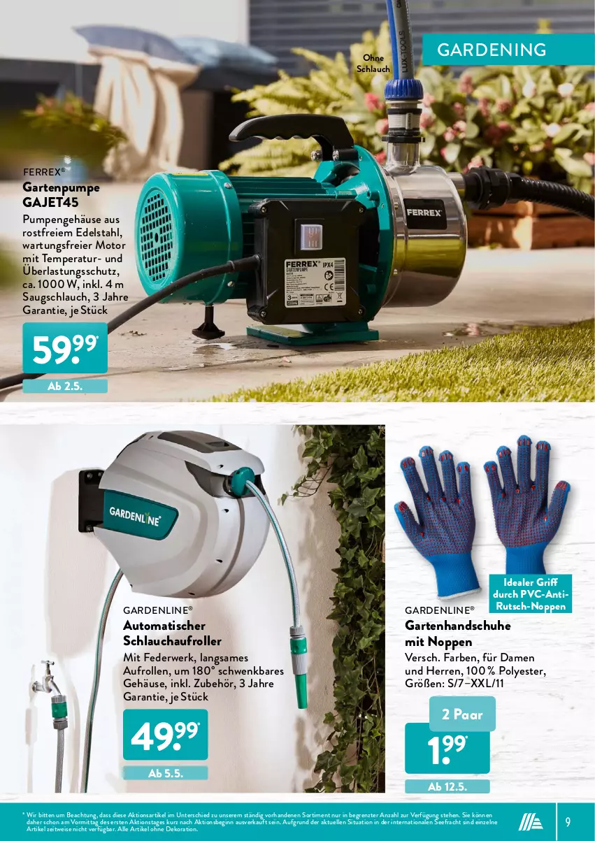 Aktueller Prospekt AldiSud - ALDI Garten - von 31.03 bis 30.04.2022 - strona 9 - produkty: alle artikel ohne dekoration, auto, dekoration, edelstahl, eier, eis, elle, ferrex, gardenline®, Garten, Gartenpumpe, gin, handschuhe, Roller, rwe, schlauch, schuhe, Ti, tisch, ZTE