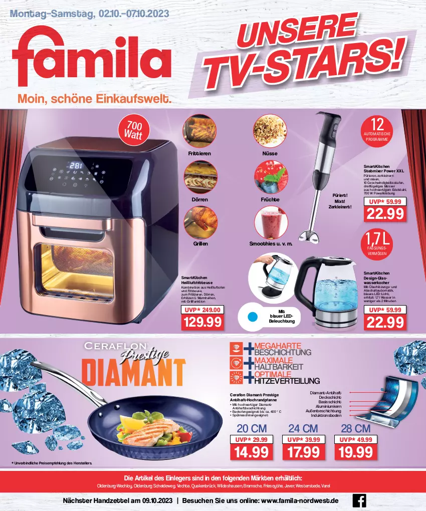 Aktueller Prospekt Famila - Prospekte - von 02.10 bis 07.10.2023 - strona 1 - produkty: auer, auto, backofen, beleuchtung, edelstahl, eis, elle, fritteuse, früchte, grill, Heißluftfritteuse, jever, Kocher, led-licht, leine, LG, Manta, messer, Mixer, Ofen, pfanne, reis, rel, Schal, smoothie, smoothies, spülmaschinen, stabmixer, teller, Ti, Tiere, tisch, wasser, wasserkocher, Weste, Wild