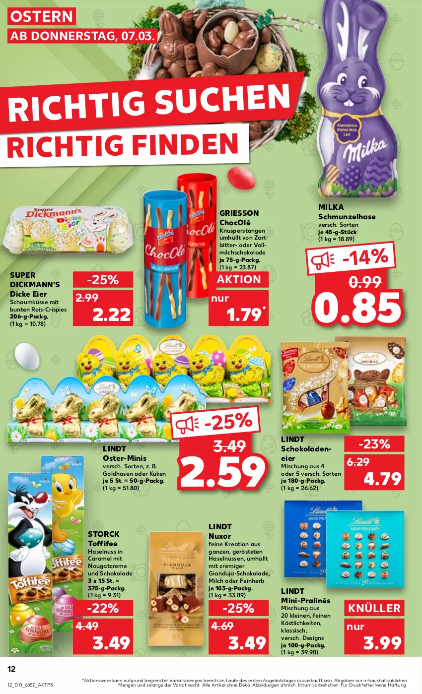 Aktueller Prospekt Kaufland - Prospekt - von 07.03 bis 13.03.2024 - strona 12 - produkty: angebot, caramel, creme, Dickmann's, eier, eis, griesson, haselnuss, leine, lindt, milch, milka, Nougatcreme, nuss, reis, schoko, schokolade, schokoladen, storck, Ti, toffifee, vollmilch, ZTE