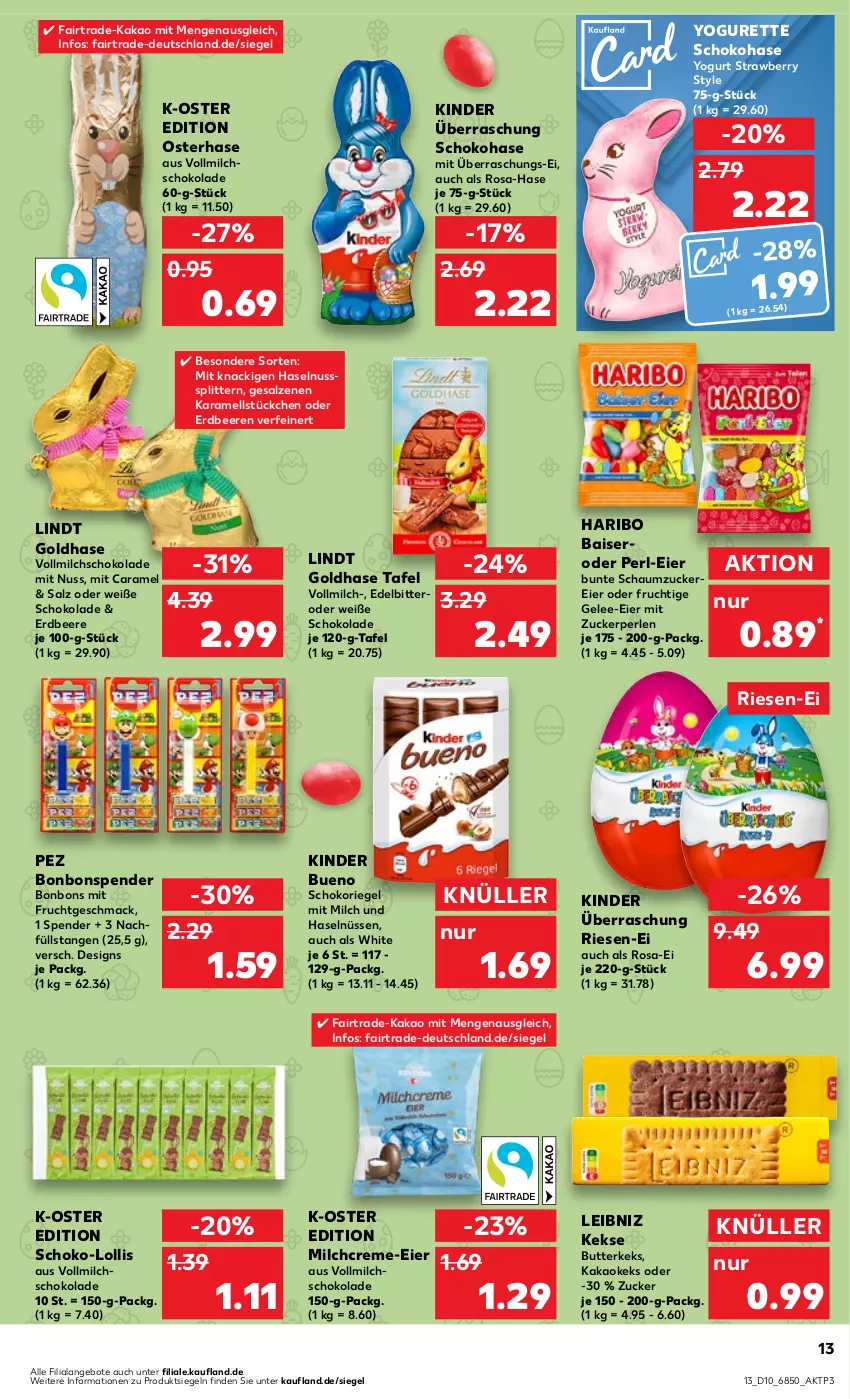 Aktueller Prospekt Kaufland - Prospekt - von 07.03 bis 13.03.2024 - strona 13 - produkty: angebot, angebote, beere, beeren, bonbons, butter, butterkeks, caramel, creme, eier, erdbeere, erdbeeren, frucht, gelee, haribo, haselnuss, kakao, karamell, keks, kekse, Kinder, kinder bueno, leibniz, lindt, mac, milch, mit frucht, nuss, perlen, riegel, salz, Schaumzucker, schoko, schokolade, schokoriegel, Ti, vollmilch, Weiße Schokolade, Yo, yogurette, zucker