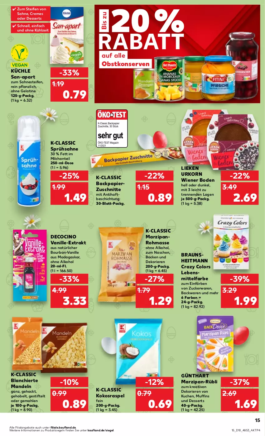 Aktueller Prospekt Kaufland - Prospekt - von 07.03 bis 13.03.2024 - strona 15 - produkty: alkohol, angebot, angebote, backwaren, bourbon, braun, cin, creme, dessert, desserts, gelatine, heitmann, kokos, Konserven, korn, kuchen, lebensmittel, Lebensmittelfarbe, lieken, mandel, mandeln, marzipan, milch, Muffin, muffins, obst, ohne alkohol, papier, sahne, sahnesteif, stifte, Ti, urkorn, vanille, wiener, wiener boden, zucker