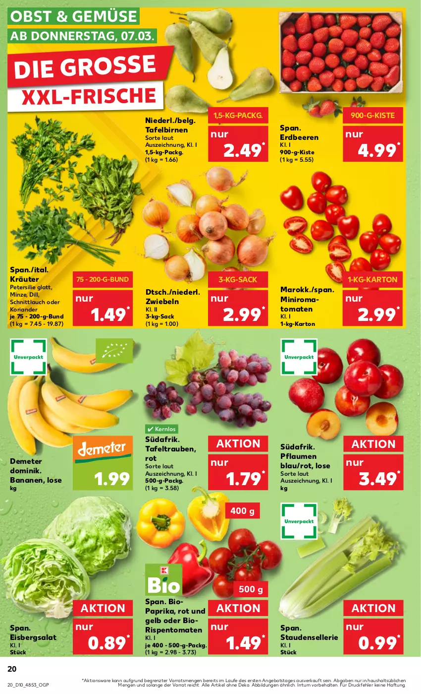 Aktueller Prospekt Kaufland - Prospekt - von 07.03 bis 13.03.2024 - strona 20 - produkty: angebot, banane, bananen, beere, beeren, bio, Birnen, eis, eisbergsalat, elle, erdbeere, erdbeeren, Koriander, kräuter, LG, minze, obst, paprika, petersilie, pflaume, pflaumen, Ria, rispentomaten, sac, salat, schnittlauch, stauden, tafelbirnen, tafeltrauben, Ti, tomate, tomaten, trauben, ZTE, zwiebel, zwiebeln