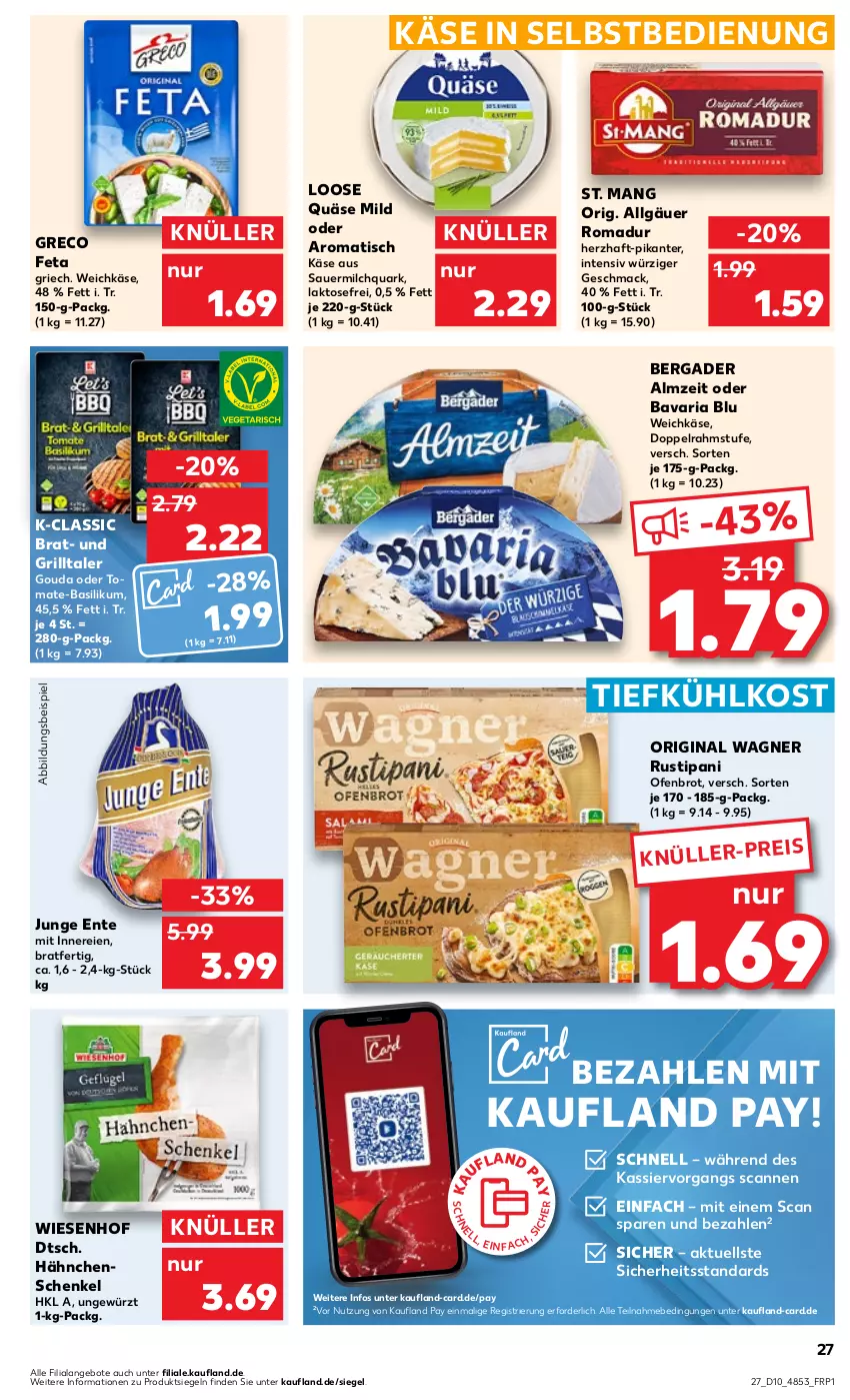 Aktueller Prospekt Kaufland - Prospekt - von 07.03 bis 13.03.2024 - strona 27 - produkty: angebot, angebote, auer, basilikum, bavaria blu, bergader, brot, doppelrahmstufe, eis, ente, feta, gewürz, gin, gouda, grill, hähnchenschenkel, henkel, Käse, LG, Loose, mac, milch, Ofen, original wagner, quark, quäse, Ria, rustipani, schenkel, St. Mang, Ti, tiefkühlkost, tisch, tomate, tomate-basilikum, wagner, weichkäse, wiesenhof