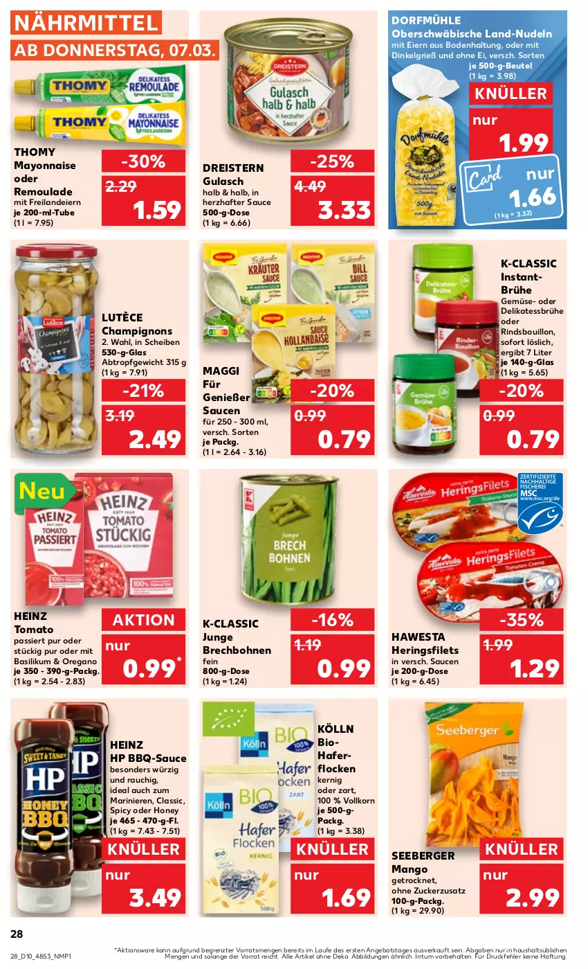 Aktueller Prospekt Kaufland - Prospekt - von 07.03 bis 13.03.2024 - strona 28 - produkty: angebot, basilikum, bbq-sauce, Berger, beutel, bio, bohne, bohnen, Brühe, champignon, champignons, dreistern, eier, eis, filet, filets, gulasch, hafer, haferflocken, hawesta, heinz, hering, Herings, heringsfilets, HP, kölln, korn, LG, maggi, mango, mayonnaise, nudel, nudeln, Rauch, reis, remoulade, rind, ring, sauce, saucen, seeberger, thomy, Ti, Yo, ZTE, zucker