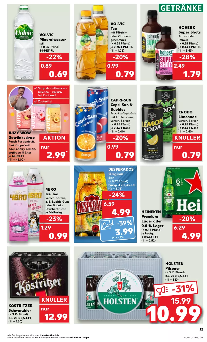 Aktueller Prospekt Kaufland - Prospekt - von 07.03 bis 13.03.2024 - strona 31 - produkty: Alwa, angebot, angebote, bier, Cap, capri-sun, desperados, frucht, fruchtsaft, fruchtsaftgetränk, getränk, getränke, getränkesirup, gin, grapefruit, heineken, Hohes C, holsten, holsten pilsener, ice tea, köstritzer, limo, limonade, mac, mineralwasser, Mineralwasser Still, pfirsich, pils, pilsener, saft, sirup, tee, Ti, volvic, wasser, zitrone, zitronen, zucker