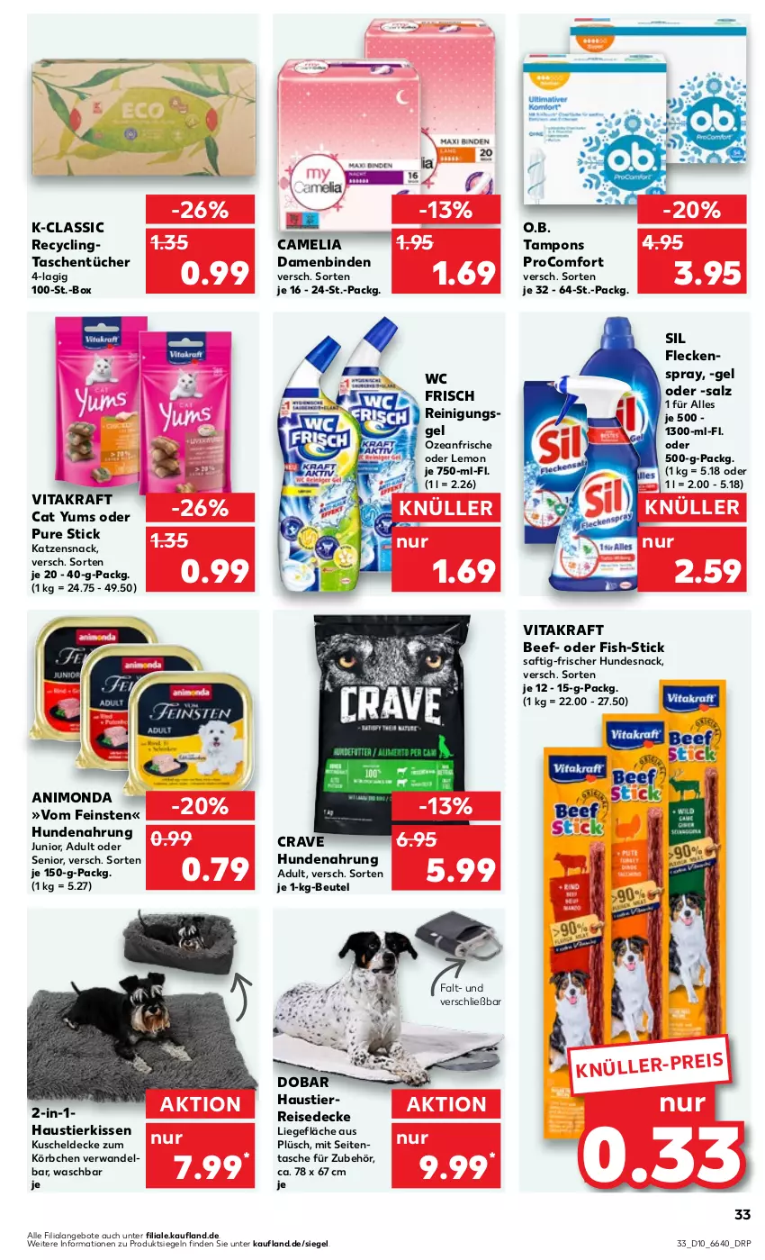 Aktueller Prospekt Kaufland - Prospekt - von 07.03 bis 13.03.2024 - strona 33 - produkty: angebot, angebote, aust, beef, beutel, binden, camelia, Clin, Damenbinden, decke, eis, hundenahrung, hundesnack, katzensnack, kissen, Körbchen, kraft, kuscheldecke, Liege, O.b., Plüsch, procomfort, Reinigung, Reinigungsgel, reis, saft, salz, snack, Stier, Tampon, tampons, Tasche, taschen, taschentücher, Ti, tücher, vita, vitakraft, wc frisch