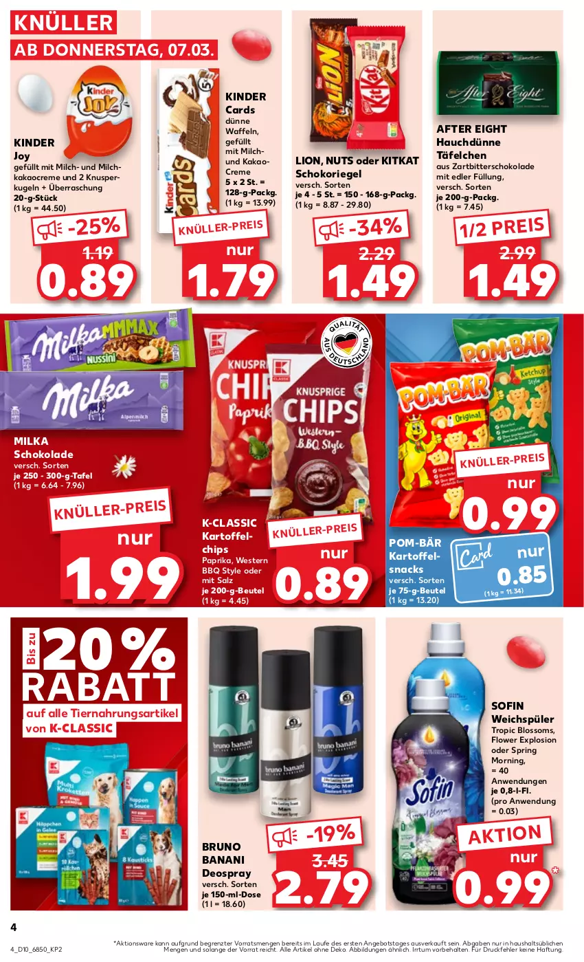 Aktueller Prospekt Kaufland - Prospekt - von 07.03 bis 13.03.2024 - strona 4 - produkty: after eight, angebot, beutel, bruno banani, chips, creme, deo, deospray, eis, kakao, kartoffel, kartoffelchips, Kinder, kitkat, Kugel, lion, milch, milka, milka schokolade, paprika, pom-bär, reis, riegel, ring, salz, schoko, schokolade, schokoriegel, snack, snacks, Ti, tiernahrung, waffeln, weichspüler, Weste, Zartbitterschokolade, ZTE