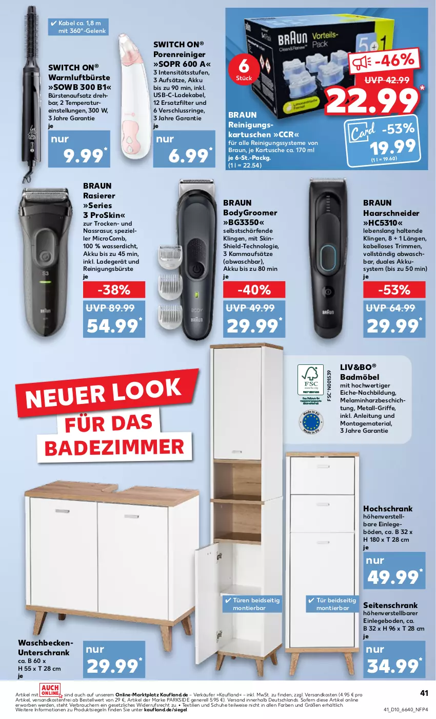 Aktueller Prospekt Kaufland - Prospekt - von 07.03 bis 13.03.2024 - strona 41 - produkty: akku, Bad, Badmöbel, Beckenunterschrank, body, Bodygroom, braun, bürste, bürsten, deka, eis, elle, erde, haarschneider, hochschrank, ladegerät, ladekabel, möbel, ndk, Parkside, rasierer, Rauch, reiniger, Reinigung, reinigungsbürste, rel, Ria, ring, Schrank, schuhe, Seitenschrank, Spezi, Ti, unterschrank, usb, versandkostenfrei, Warmluftbürste, waschbecken, waschbeckenunterschrank, wasser