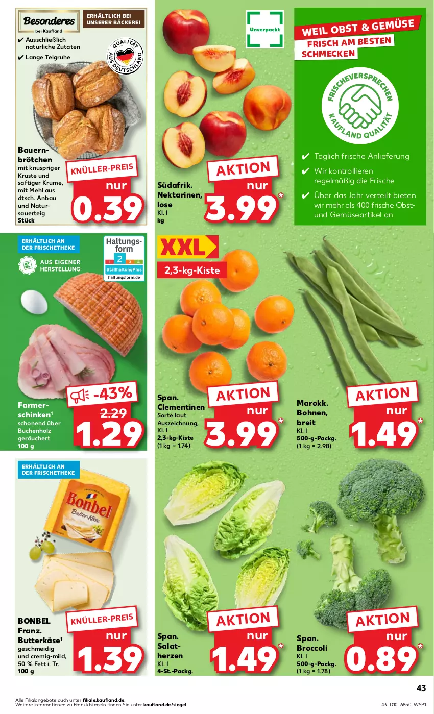 Aktueller Prospekt Kaufland - Prospekt - von 07.03 bis 13.03.2024 - strona 43 - produkty: angebot, angebote, auer, Bau, Bauer, bohne, bohnen, bonbel, Brei, broccoli, brötchen, buch, butter, butterkäse, clementinen, eis, farmerschinken, Holz, Käse, mehl, natur, Nektar, nektarinen, obst, rum, saft, salat, salatherzen, schinken, Ti, trolli, und gemüse