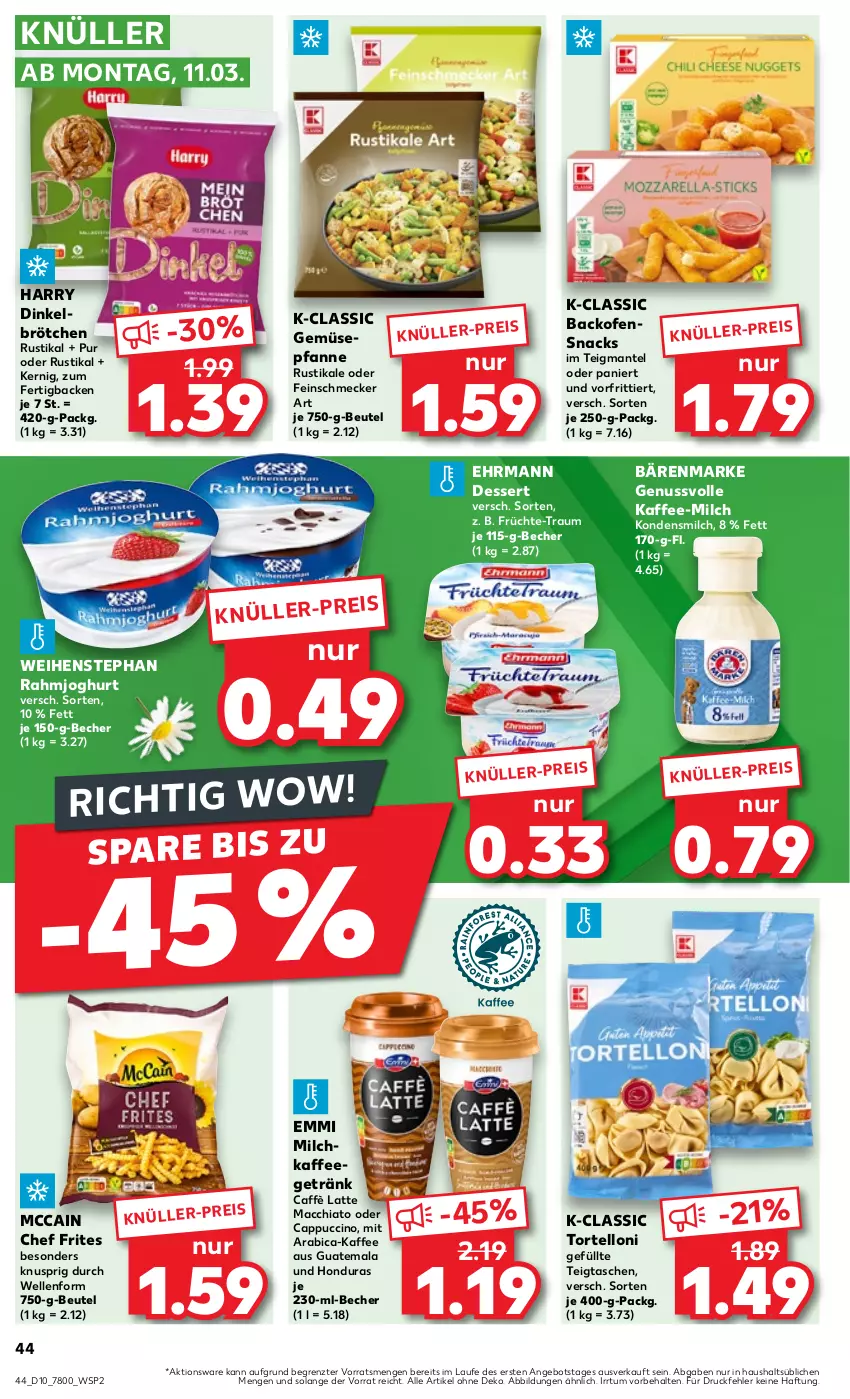 Aktueller Prospekt Kaufland - Prospekt - von 07.03 bis 13.03.2024 - strona 44 - produkty: ACC, angebot, backofen, bärenmarke, Becher, beutel, brötchen, caffè latte, Cap, cappuccino, chia, cin, dessert, dinkelbrötchen, ehrmann, eis, elle, emmi, feinschmecker, früchte, getränk, joghur, joghurt, kaffee, kondensmilch, latte, latte macchiato, mac, macchiato, Mantel, mccain, milch, nuss, oder cappuccino, Ofen, Ofensnack, pfanne, rahmjoghurt, snack, snacks, Tasche, taschen, Ti, torte, tortelloni, weihenstephan, ZTE