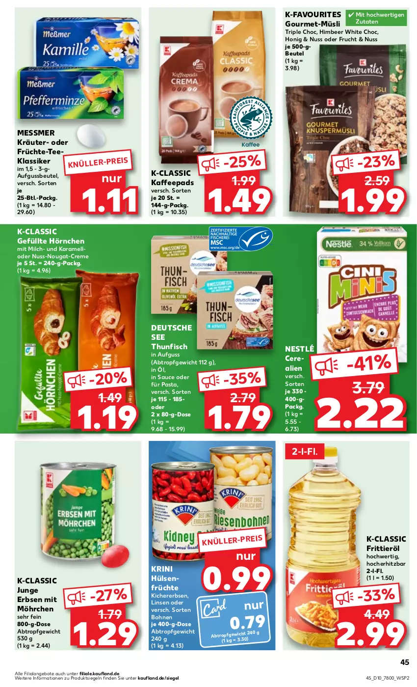 Aktueller Prospekt Kaufland - Prospekt - von 07.03 bis 13.03.2024 - strona 45 - produkty: angebot, angebote, beutel, bohne, bohnen, cerealien, creme, eis, erbsen, fisch, Frittieröl, frucht, früchte, himbeer, honig, hörnchen, hülsenfrüchte, junge erbsen, kaffee, kaffeepads, karamell, kichererbsen, kräuter, linsen, milch, müsli, nestlé, nuss, nuss-nougat-creme, pasta, sauce, senf, tee, thunfisch, Ti