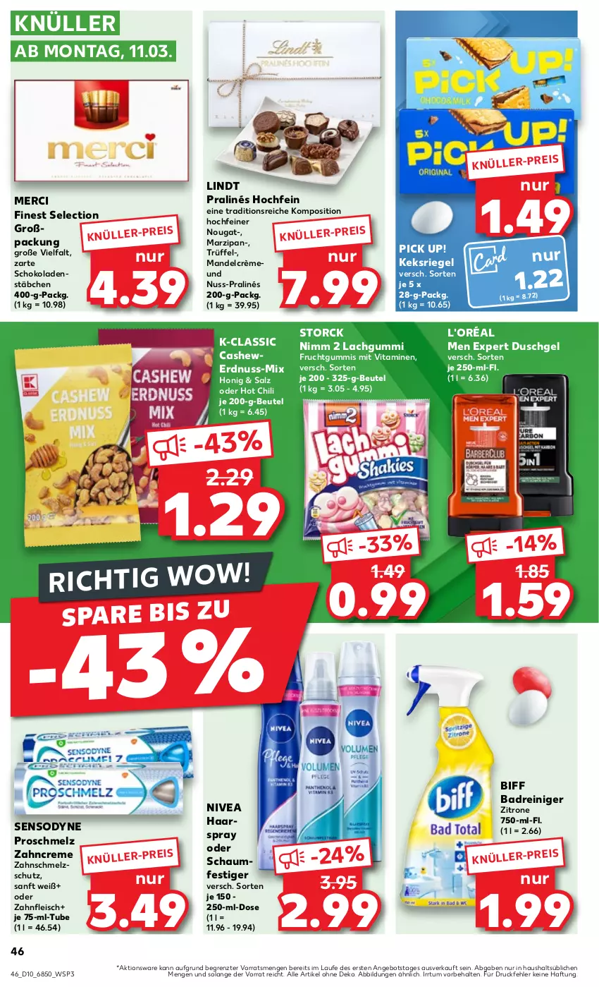 Aktueller Prospekt Kaufland - Prospekt - von 07.03 bis 13.03.2024 - strona 46 - produkty: angebot, Bad, beutel, biff, Cashew, chili, creme, duschgel, eis, erdnuss, fleisch, frucht, fruchtgummi, fruchtgummis, haarspray, honig, hot chili, keks, lachgummi, lindt, mandel, marzipan, merci, Nimm 2, nivea, nuss, oder schaumfestiger, Pick Up!, reiniger, riegel, salz, schaumfestiger, schoko, schokolade, schokoladen, sensodyne, storck, Ti, Trüffel, vita, Vitamine, zahncreme, zitrone, ZTE