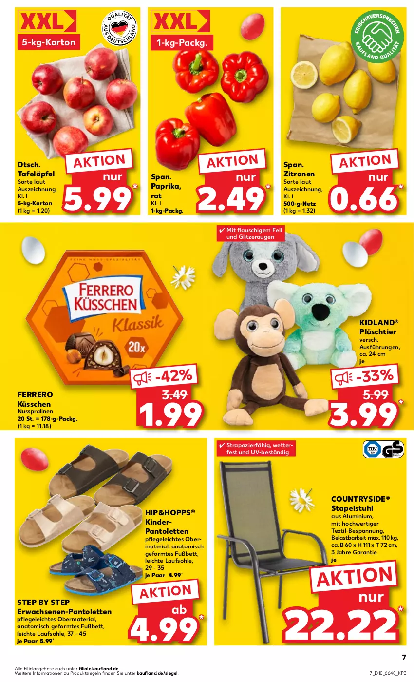 Aktueller Prospekt Kaufland - Prospekt - von 07.03 bis 13.03.2024 - strona 7 - produkty: angebot, angebote, bett, ferrero, Ferrero Küsschen, Kinder, nuss, pantolette, pantoletten, paprika, Plüsch, pralinen, Ria, stapelstuhl, stuhl, tafeläpfel, Ti, zitrone, zitronen