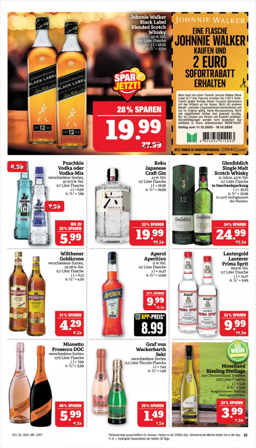 Aktueller Prospekt Marktkauf - Prospekt - von 10.12 bis 16.12.2023 - strona 23 - produkty: aktionspreis, black label, coupon, coupons, deka, drink, ecco, eis, erde, flasche, geschenkpackung, gin, goldkrone, johnnie walker, krone, lack, nuss, prosecco, reis, scotch, single malt, sofortrabatt, Ti, vodka, Yo, ZTE