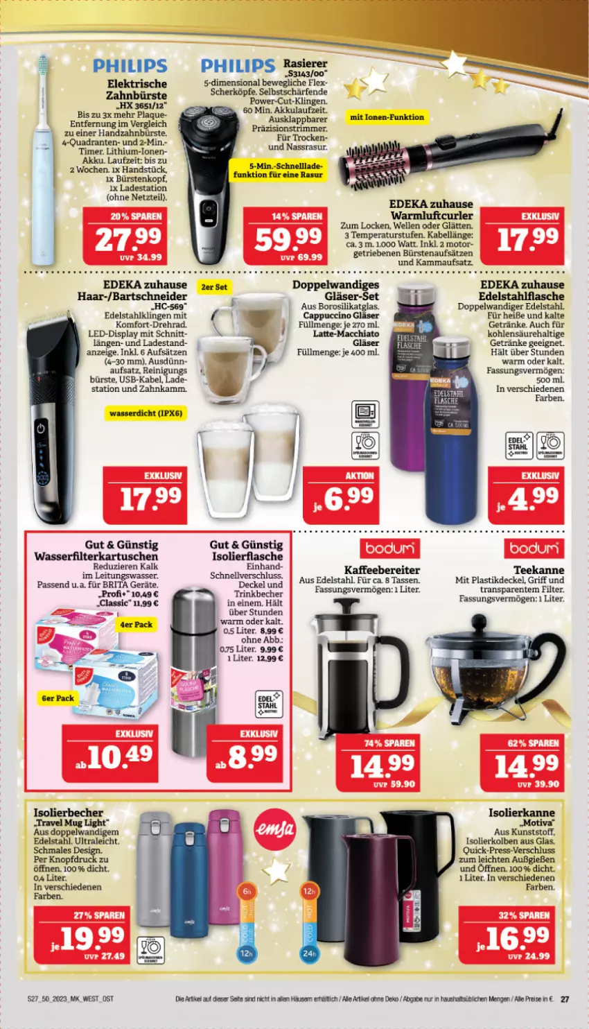 Aktueller Prospekt Marktkauf - Prospekt - von 10.12 bis 16.12.2023 - strona 27 - produkty: ACC, akku, asti, bartschneider, Becher, brita, bürste, bürsten, Cap, cappuccino, chia, cin, decke, Deckel, deka, edelstahl, eis, elle, ente, filterkartuschen, flasche, getränk, getränke, Gläser, gsw, isolierbecher, isolierflasche, isolierkanne, latte, mac, macchiato, Philips, quad, Reinigung, reis, tasse, Ti, timer, travel mug, usb, wasser, wasserfilter, zahnbürste, ZTE