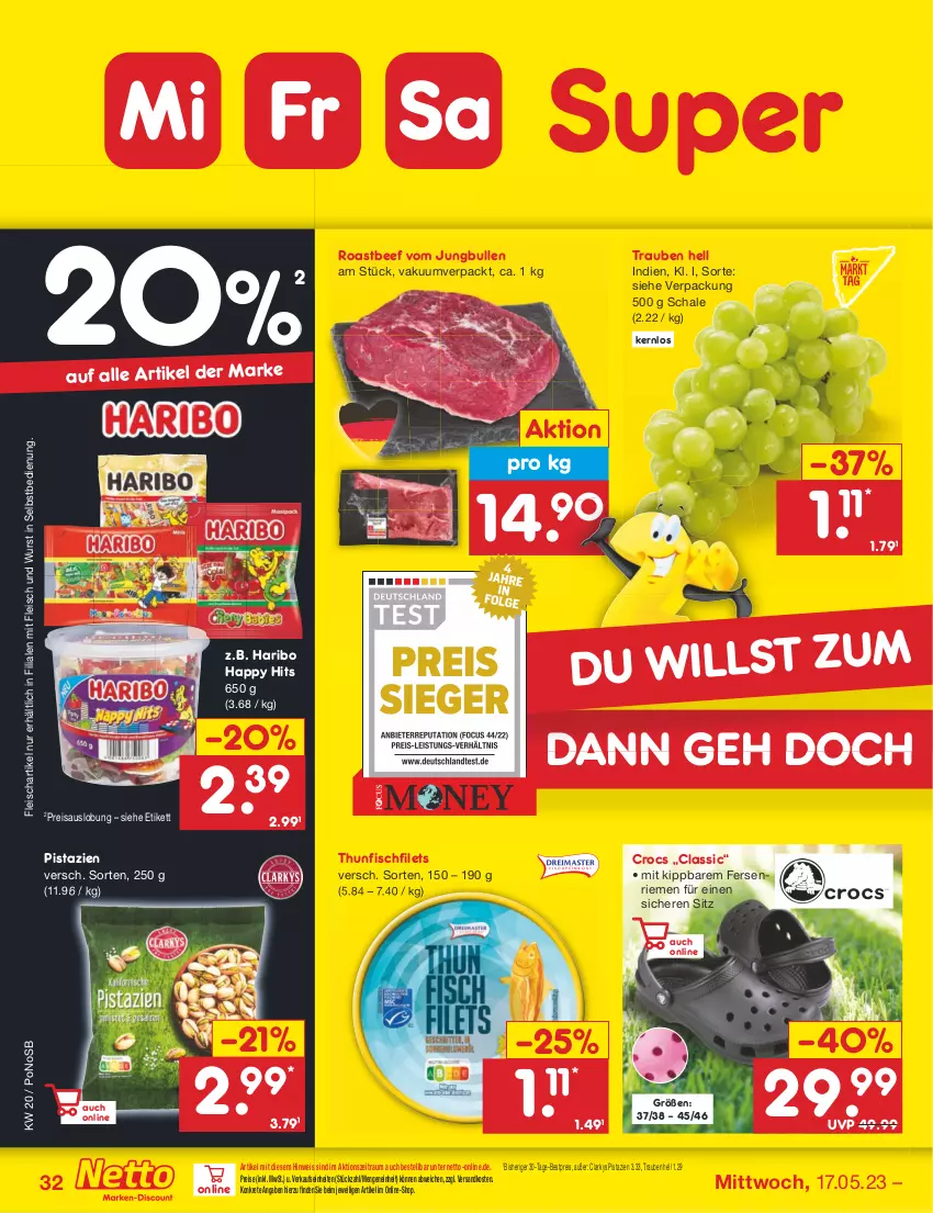 Aktueller Prospekt Netto Marken-Discount - Filial-Angebote - von 15.05 bis 20.05.2023 - strona 32 - produkty: beef, bestpreis, eis, filet, filets, fisch, fleisch, haribo, jungbullen, ndk, pistazien, reis, roastbeef, Schal, Schale, thunfisch, Ti, trauben, wurst, wurst in selbstbedienung