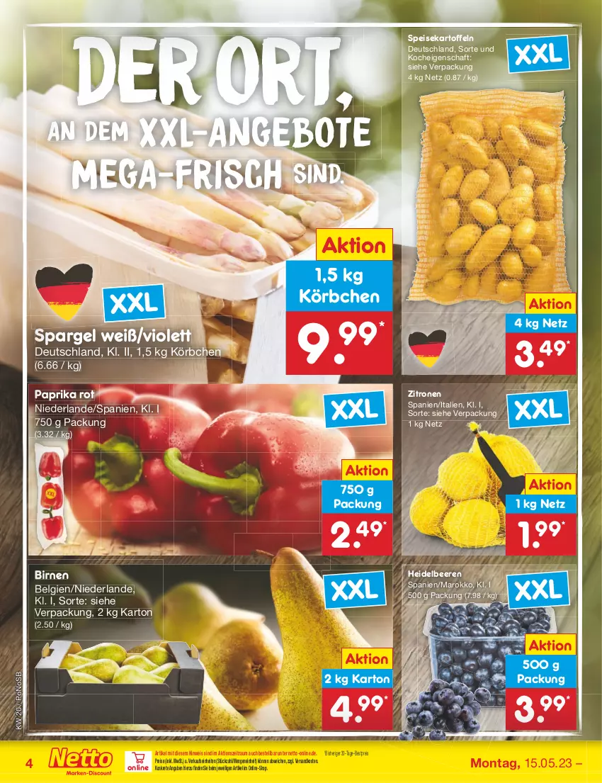 Aktueller Prospekt Netto Marken-Discount - Filial-Angebote - von 15.05 bis 20.05.2023 - strona 4 - produkty: angebot, angebote, beere, beeren, bestpreis, Birnen, eis, heidelbeere, heidelbeeren, kartoffel, kartoffeln, Körbchen, LG, ndk, paprika, paprika rot, reis, spargel, speisekartoffeln, Ti, zitrone, zitronen