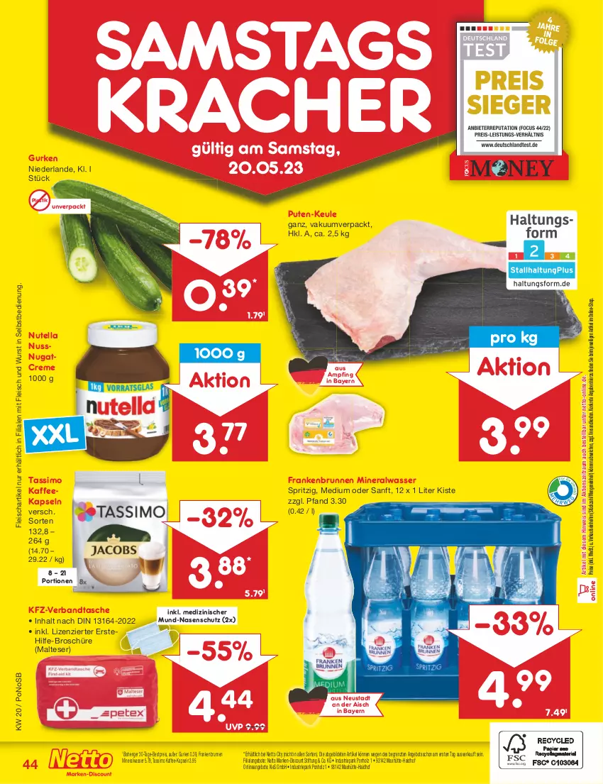 Aktueller Prospekt Netto Marken-Discount - Filial-Angebote - von 15.05 bis 20.05.2023 - strona 44 - produkty: Alwa, angebot, angebote, asti, bestpreis, brunnen, creme, discount, eis, fleisch, gurke, gurken, Holz, kaffee, kaffee-kapseln, kaffeekapseln, kracher, malteser, marken-discount, mineralwasser, ndk, nuss, nutella, pute, reis, sim, Tasche, tassimo, Ti, wasser, wurst, wurst in selbstbedienung, ZTE