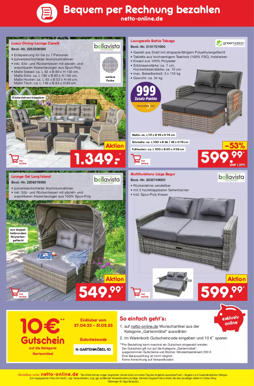 Aktueller Prospekt Netto Marken-Discount - Filial-Angebote - von 15.05 bis 20.05.2023 - strona 49 - produkty: angebot, bestpreis, eis, erde, Garten, gartenmöbel, gutschein, gutscheine, hocker, Holz, kissen, korb, Liege, lounge-set, mam, möbel, ndk, reis, Rückenkissen, rückenlehne, sessel, sitzkissen, Sofa, tablet, tablett, telefon, Ti, tisch, ZTE