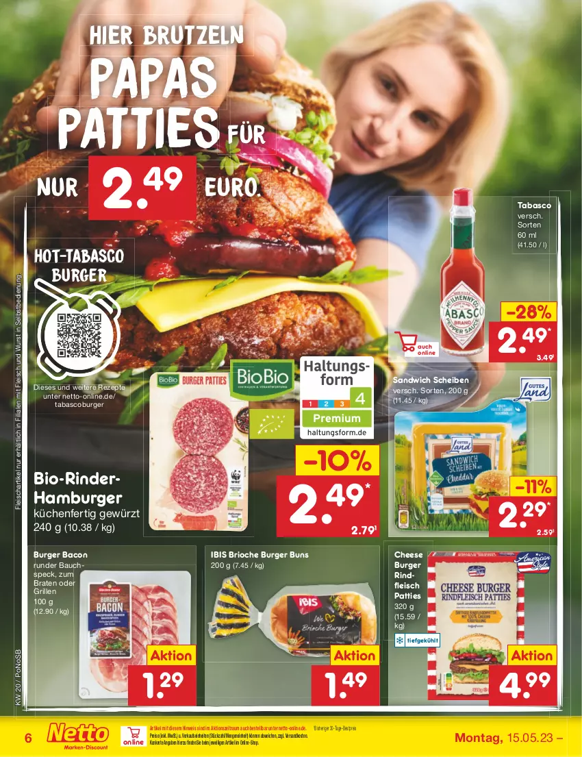 Aktueller Prospekt Netto Marken-Discount - Filial-Angebote - von 15.05 bis 20.05.2023 - strona 6 - produkty: bacon, Bau, bestpreis, bio, braten, brut, burger, burger buns, eis, fleisch, gewürz, grill, hamburger, küche, Küchen, ndk, reis, rezept, rezepte, rind, rinder, rindfleisch, sandwich, Speck, tabasco, Ti, wurst, wurst in selbstbedienung