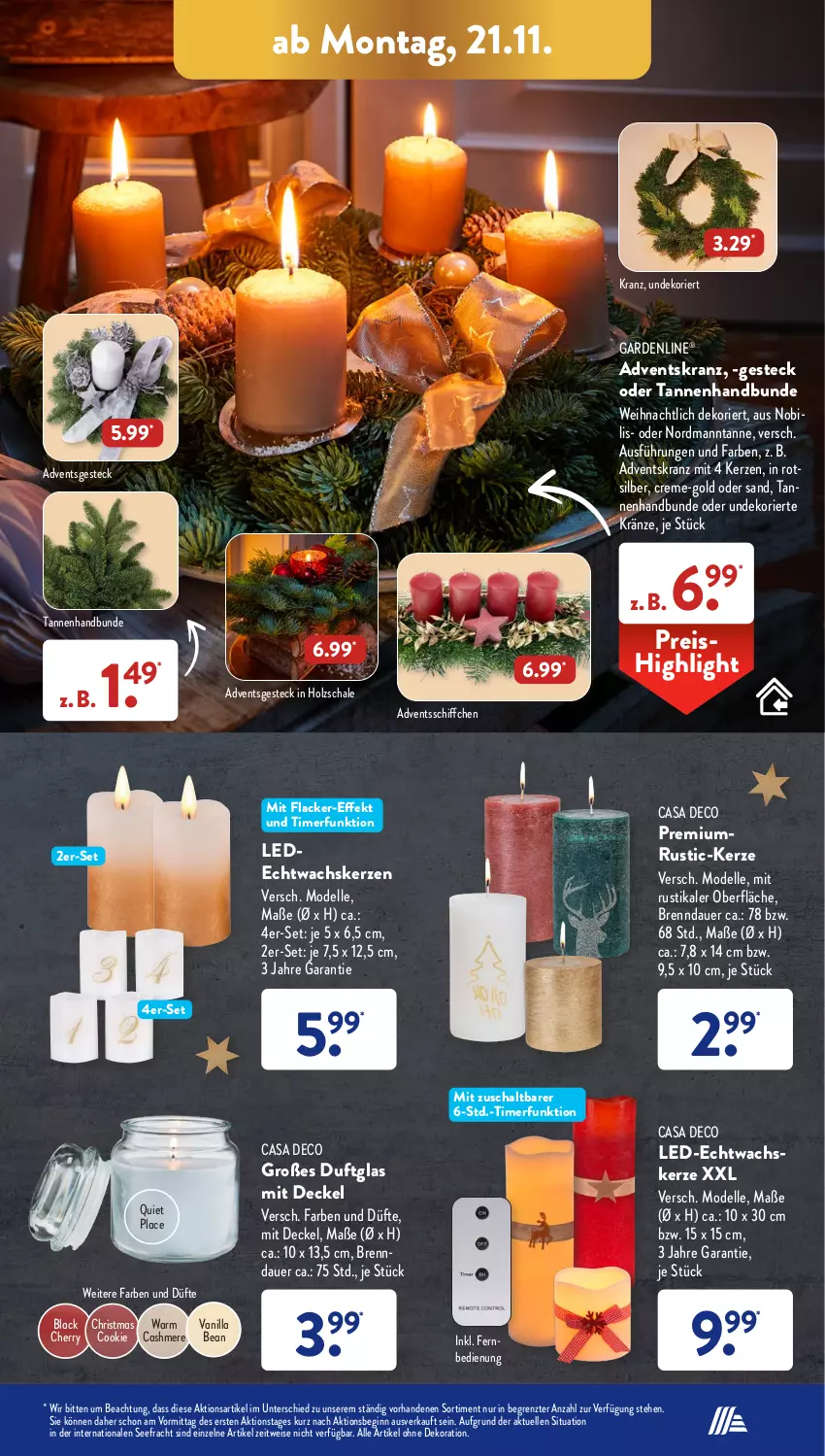 Aktueller Prospekt AldiSud - NÄCHSTE WOCHE - von 21.11 bis 26.11.2022 - strona 13 - produkty: Adventskranz, alle artikel ohne dekoration, auer, casa deco, cashmere, cookie, creme, decke, Deckel, dekoration, dell, Echtwachskerzen, eis, elle, fernbedienung, gardenline®, gin, Holz, kerze, Kranz, lack, Lacke, Mode, reis, Schal, Schale, Schiffchen, Ti, timer, ZTE