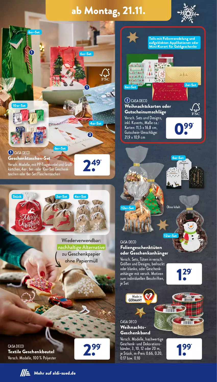 Aktueller Prospekt AldiSud - NÄCHSTE WOCHE - von 21.11 bis 26.11.2022 - strona 14 - produkty: aldi, Anhänger, beutel, casa deco, dekoration, dell, eis, elle, flasche, Geschenkbeutel, Geschenkpapier, Geschenktasche, gutschein, Mode, papier, reis, rwe, Tasche, taschen, Ti, Tüte