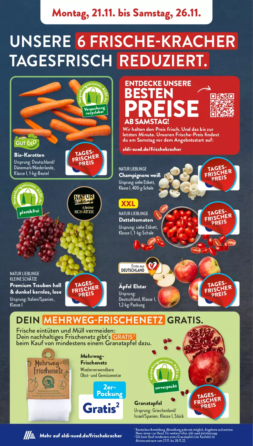 Aktueller Prospekt AldiSud - NÄCHSTE WOCHE - von 21.11 bis 26.11.2022 - strona 4 - produkty: aldi, angebot, angebote, apfel, asti, beutel, bio, bio-karotten, champignon, champignons, datteltomaten, decke, eis, grana, granatapfel, karotten, kracher, leine, natur, obst, Rana, reis, rwe, Schal, Schale, Ti, tomate, tomaten, trauben, Tüte, und gemüse, ZTE