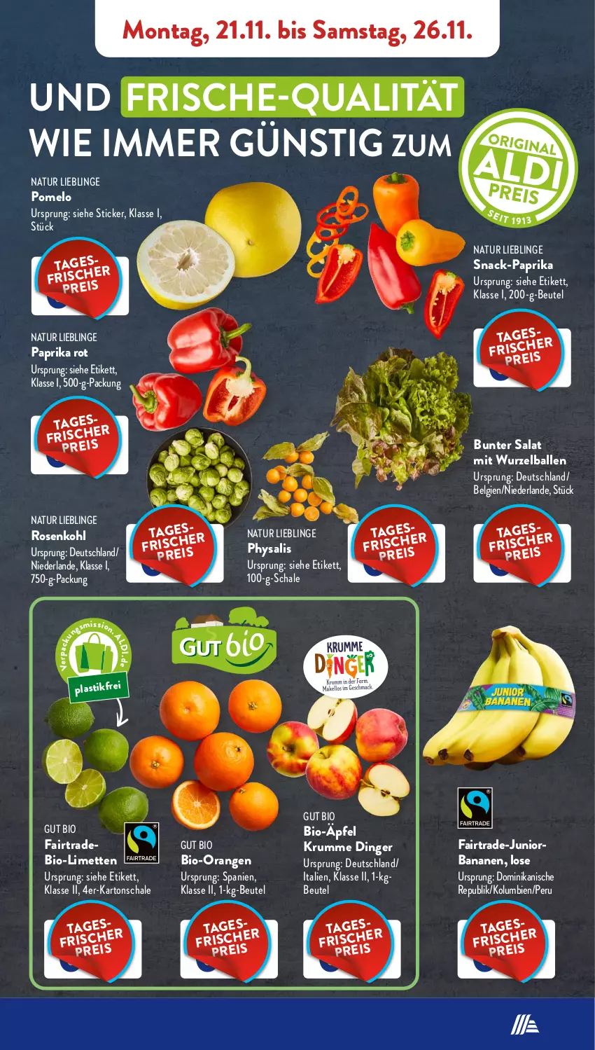 Aktueller Prospekt AldiSud - NÄCHSTE WOCHE - von 21.11 bis 26.11.2022 - strona 5 - produkty: asti, ball, banane, bananen, beutel, bio, LG, limette, limetten, Mett, metten, natur, orange, orangen, paprika, paprika rot, Physalis, Pomelo, rosen, Rosenkohl, rum, salat, Schal, Schale, snack, Ti