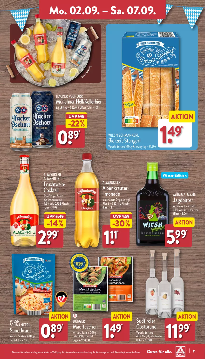 Aktueller Prospekt Aldi Nord - Von Montag - von 02.09 bis 07.09.2024 - strona 11 - produkty: almdudler, auer, beutel, bier, cocktail, ecco, elle, flasche, frucht, gin, hacker pschorr, kellerbier, Kraut, kräuter, limo, limonade, maultaschen, obst, Obstbrand, Sauerkraut, südtiroler, Tasche, taschen, Ti, tisch, wein, ZTE