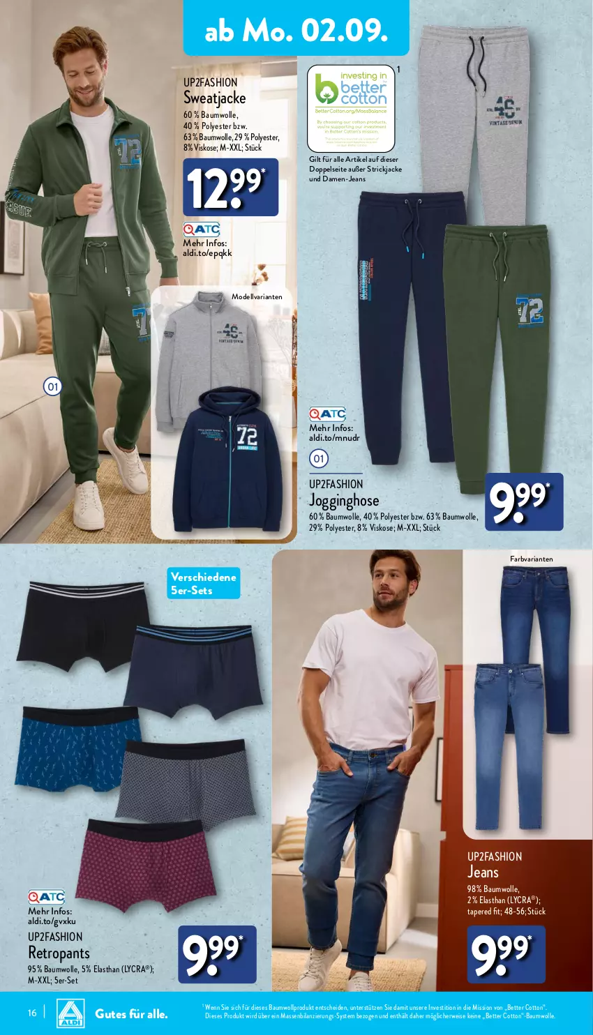 Aktueller Prospekt Aldi Nord - Von Montag - von 02.09 bis 07.09.2024 - strona 16 - produkty: aldi, Bau, baumwolle, bett, dell, eis, gin, hose, Jacke, jeans, Jogginghose, Mode, Pants, Retropants, Ria, rwe, Strickjacke, sweatjacke, Ti, up2fashion, wolle