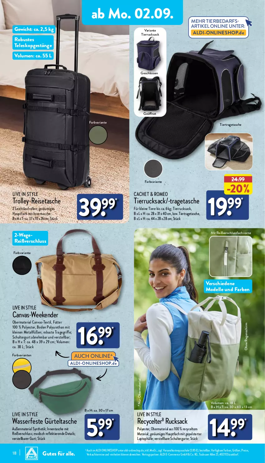 Aktueller Prospekt Aldi Nord - Von Montag - von 02.09 bis 07.09.2024 - strona 18 - produkty: aldi, dell, eis, elle, gürteltasche, Laptop, leine, Mode, ndk, reis, reisetasche, Ria, rucksack, sac, Schal, Schale, schultergurt, Tasche, Teleskop, Ti, tierbedarf, Tiere, tragegriff, tragetasche, trolley, wasser