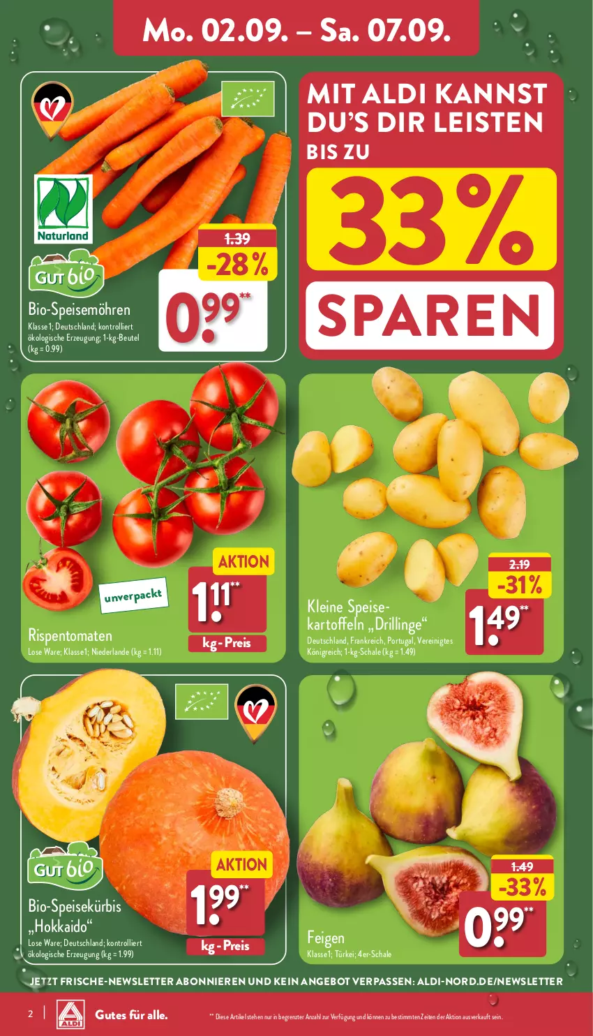 Aktueller Prospekt Aldi Nord - Von Montag - von 02.09 bis 07.09.2024 - strona 2 - produkty: aldi, angebot, beutel, bio, eis, Feigen, kartoffel, kartoffeln, Kürbis, leine, möhren, reis, rispentomaten, Schal, Schale, speisekartoffeln, speisemöhren, Ti, tomate, tomaten, trolli, ZTE