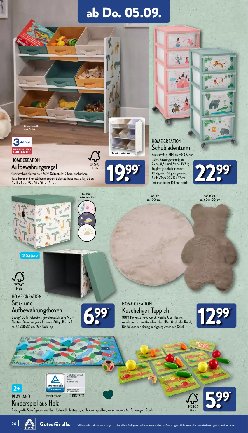 Aktueller Prospekt Aldi Nord - Von Montag - von 02.09 bis 07.09.2024 - strona 24 - produkty: aufbewahrungsbox, dell, elle, ente, gin, Holz, Kinder, Kinderspiel, latte, Mode, regal, Ria, schubladen, Schubladenturm, teppich, Ti, ZTE