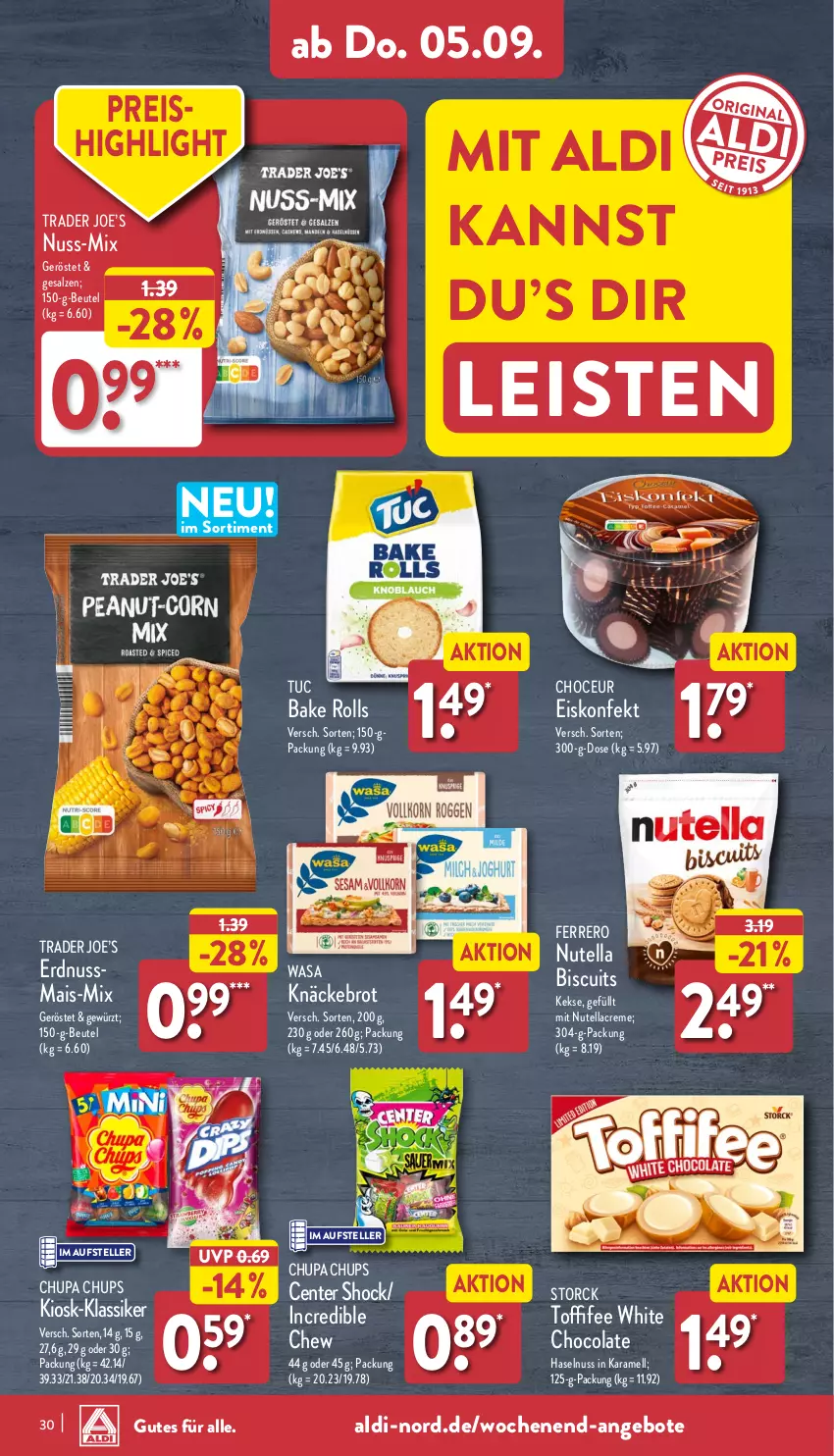 Aktueller Prospekt Aldi Nord - Von Montag - von 02.09 bis 07.09.2024 - strona 30 - produkty: aldi, angebot, angebote, beutel, brot, chupa, chupa chups, cola, creme, eis, eiskonfekt, elle, ente, erdnuss, ferrero, gewürz, haselnuss, karamell, keks, kekse, knäckebrot, mais, nuss, nutella, reis, salz, storck, teller, Ti, toffifee, tuc, wasa, white chocolate