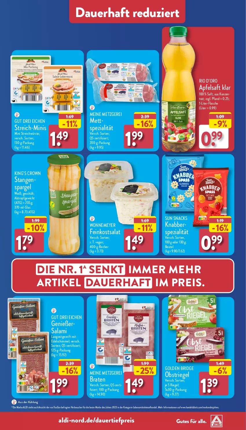 Aktueller Prospekt Aldi Nord - Von Montag - von 02.09 bis 07.09.2024 - strona 39 - produkty: aldi, apfel, apfelsaft, auer, Becher, beutel, braten, dauertiefpreis, eis, feinkost, flasche, lebensmittel, Mett, obst, Rauch, reis, riegel, saft, salami, salat, snack, snacks, spargel, Spezi, stangenspargel, Sun Snacks, Ti, tiefpreis, Yo