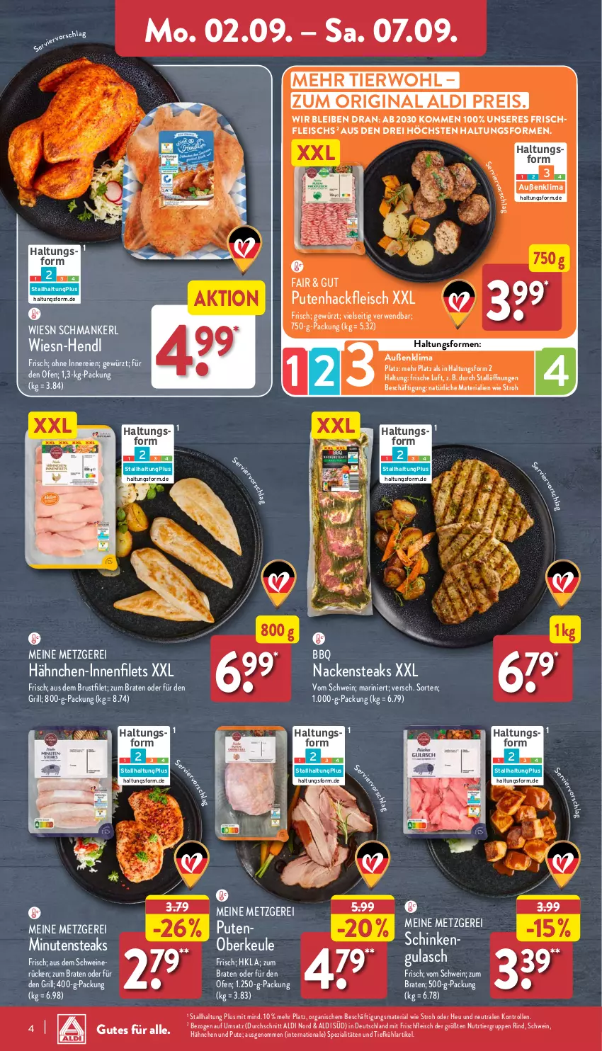 Aktueller Prospekt Aldi Nord - Von Montag - von 02.09 bis 07.09.2024 - strona 4 - produkty: aldi, braten, brustfilet, eis, filet, filets, fleisch, gewürz, gin, grill, gulasch, hackfleisch, Hähnchen-Innenfilets, Hendl, Heu, minutensteaks, Nackensteak, nackensteaks, Ofen, pute, Putenhackfleisch, Putenoberkeule, reis, Ria, rind, rwe, schinken, schwein, schweine, schweinerücken, Spezi, steak, steaks, Ti, wein, weine